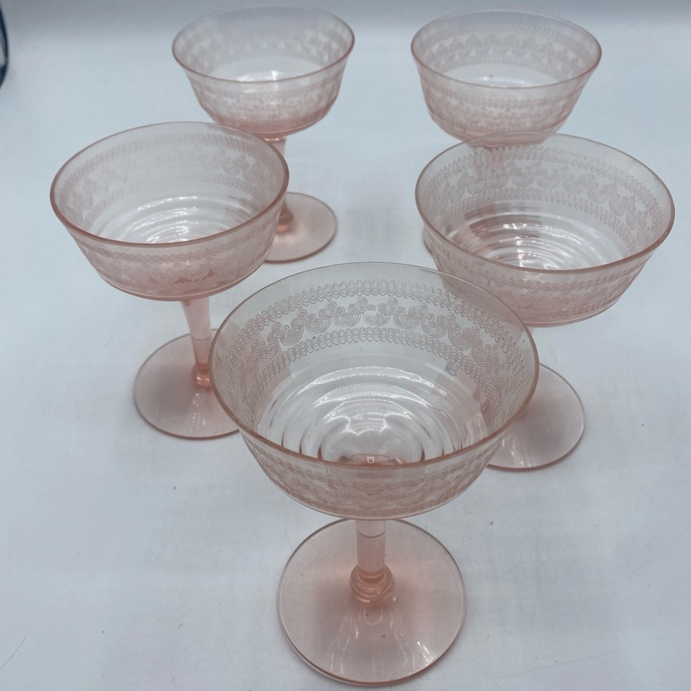 Pink Depression Paneled Champagne Sherbet Glasses Vintage Etched 4.75” Set Of 5